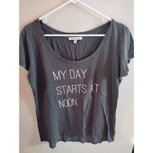 Express One Eleven Womens Graphic Tee My Day Starts At Noon Gray Scoop Neck Lg